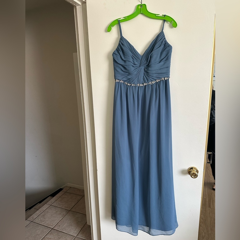 Davids Bridal  Blue Twist Bodice Chiffon Dress with Beaded Belt